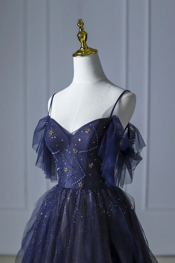 Beautiful Blue Gradient Tulle Long Prom Dress, Spaghetti Strap Evening Dress HZ1023